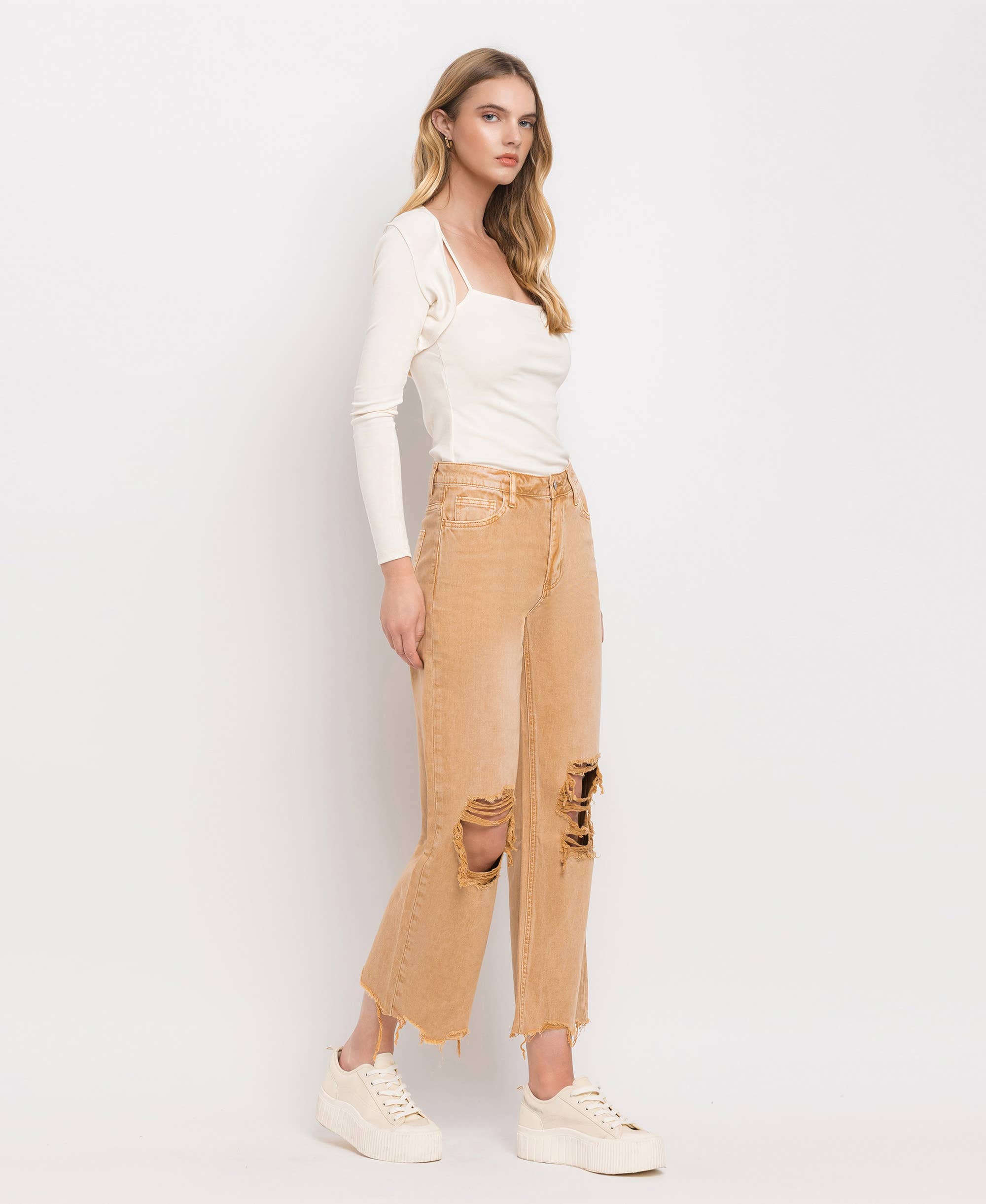 90'S VINTAGE SUPER HIGH RISE CROP FLARE JEANS V2736: KISS OF CALIFORNIA / 31