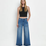 HIGH RISE DOUBLE CUFFED BAGGY WIDE JEANS V3589: ENVIABLY / 30