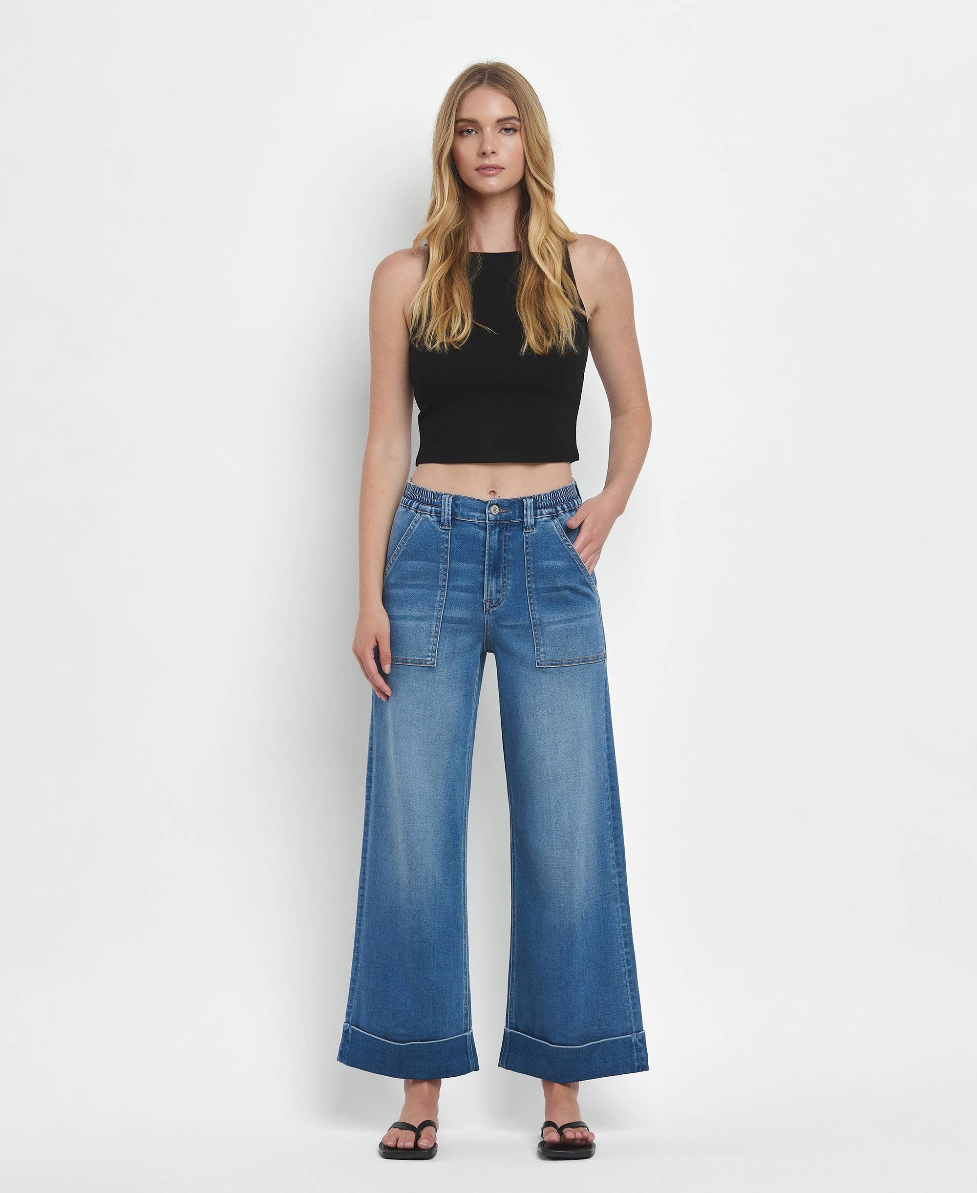 HIGH RISE DOUBLE CUFFED BAGGY WIDE JEANS V3589: ENVIABLY / 28