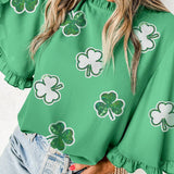 Green Sequin Clover Graphic Ruffled Trim Bell Sleeve St Patrick Blouse: Green / 100%Polyester / S