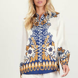 Printed Border-Print Long Sleeve Button-Down Blouse: Mustard-Navy / S