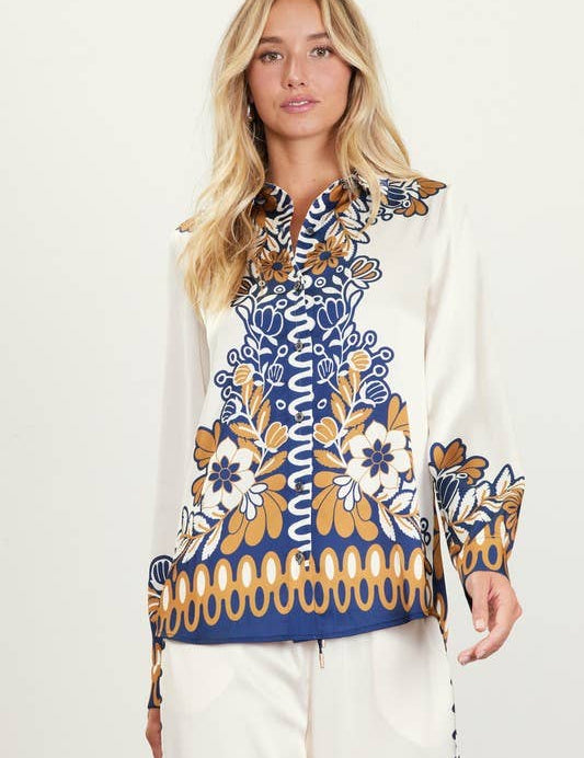 Printed Border-Print Long Sleeve Button-Down Blouse: Mustard-Navy / XS