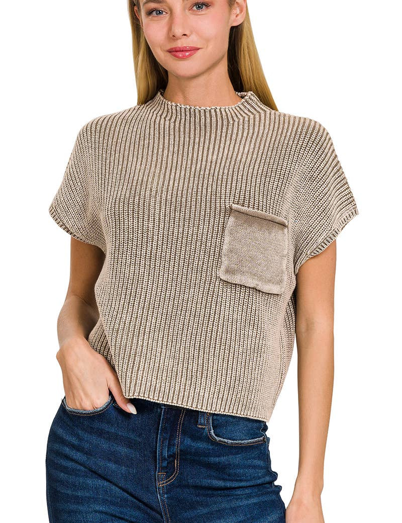 .....1214 Washed Mock Neck Short Sleeve Cropped Sweater SI-26359: BLACK-168751 / L/XL
