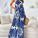 Fashionable Print Bandeau Waist-Cinching Jumpsuit: Khaki / S