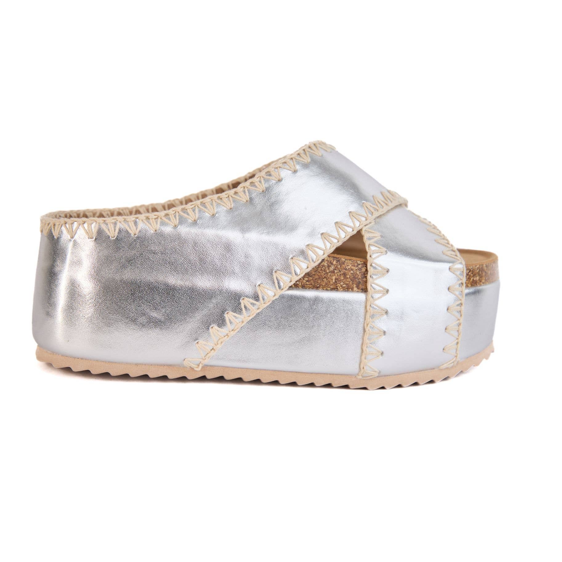 Nina 4 Crisscross Platform Wedge with Contrast Stitch Detail: Nude Raffia / 7