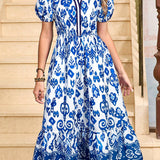 White Floral Puff Short Sleeve V Neck High Waist Maxi Dress: Blue S