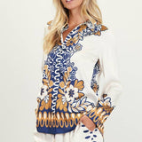 Printed Border-Print Long Sleeve Button-Down Blouse: Mustard-Navy / L