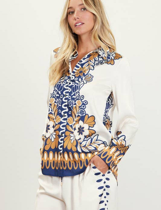 Printed Border-Print Long Sleeve Button-Down Blouse: Mustard-Navy / S