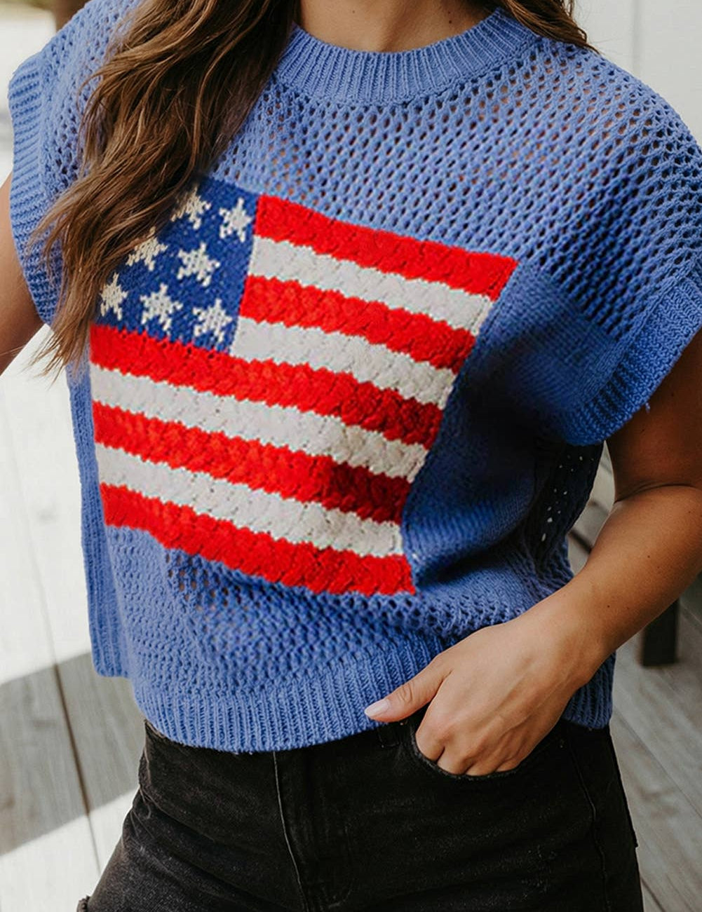 Flag Graphic Short Sleeve Sweater Top