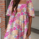 Women's Summer Floral Square Neck Dress: Pink L