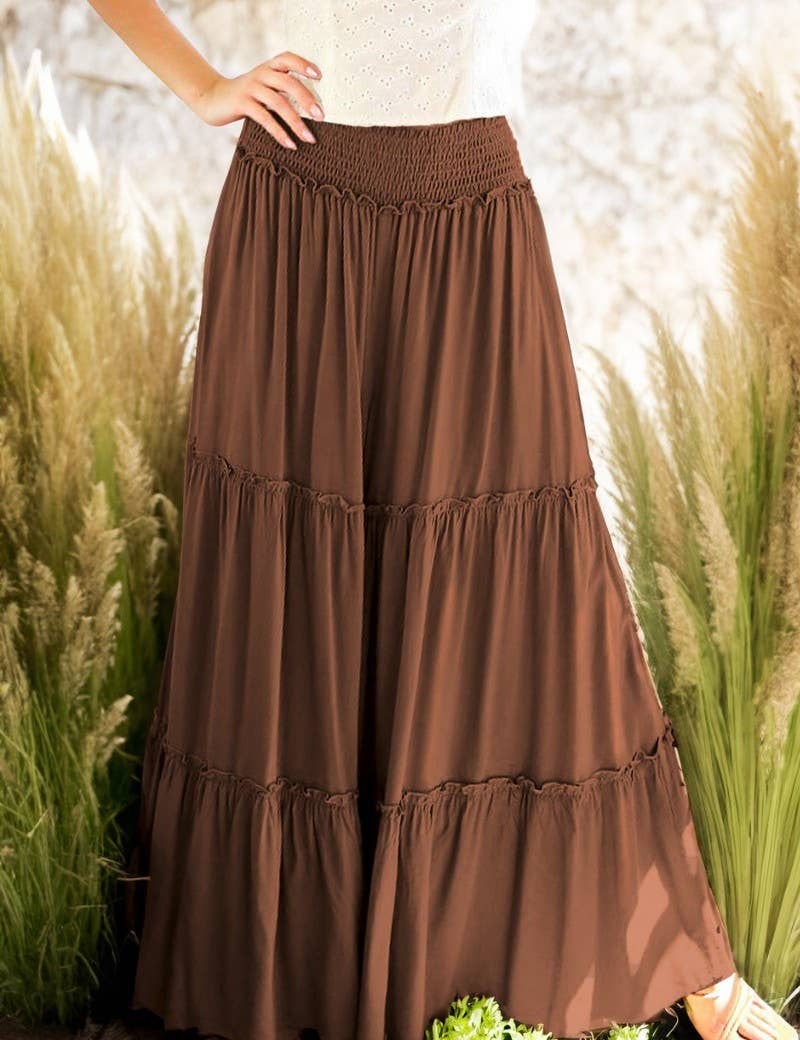 Maxi Tiered  Wide Leg Beach Palazzo Pants VP73052: Mocha / S