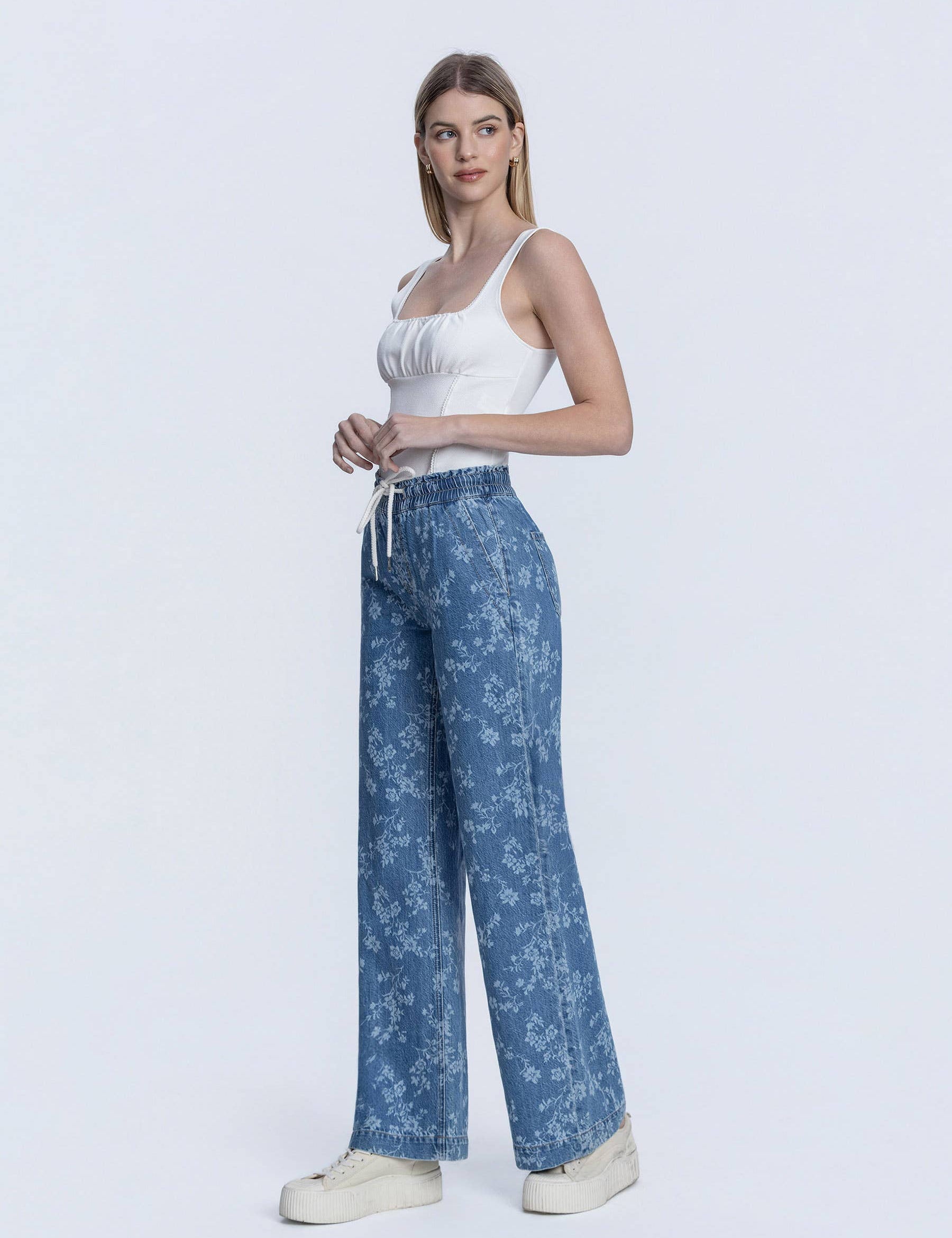 HIGH RISE FLORAL PRINT BAGGY WIDE LEG JEANS T7328VFR: VINTAGE FLORAL / 24