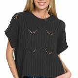 ,,,.0722 Cable Knit Short Sleeve Sweater SI-28167: BLACK-184424 / L
