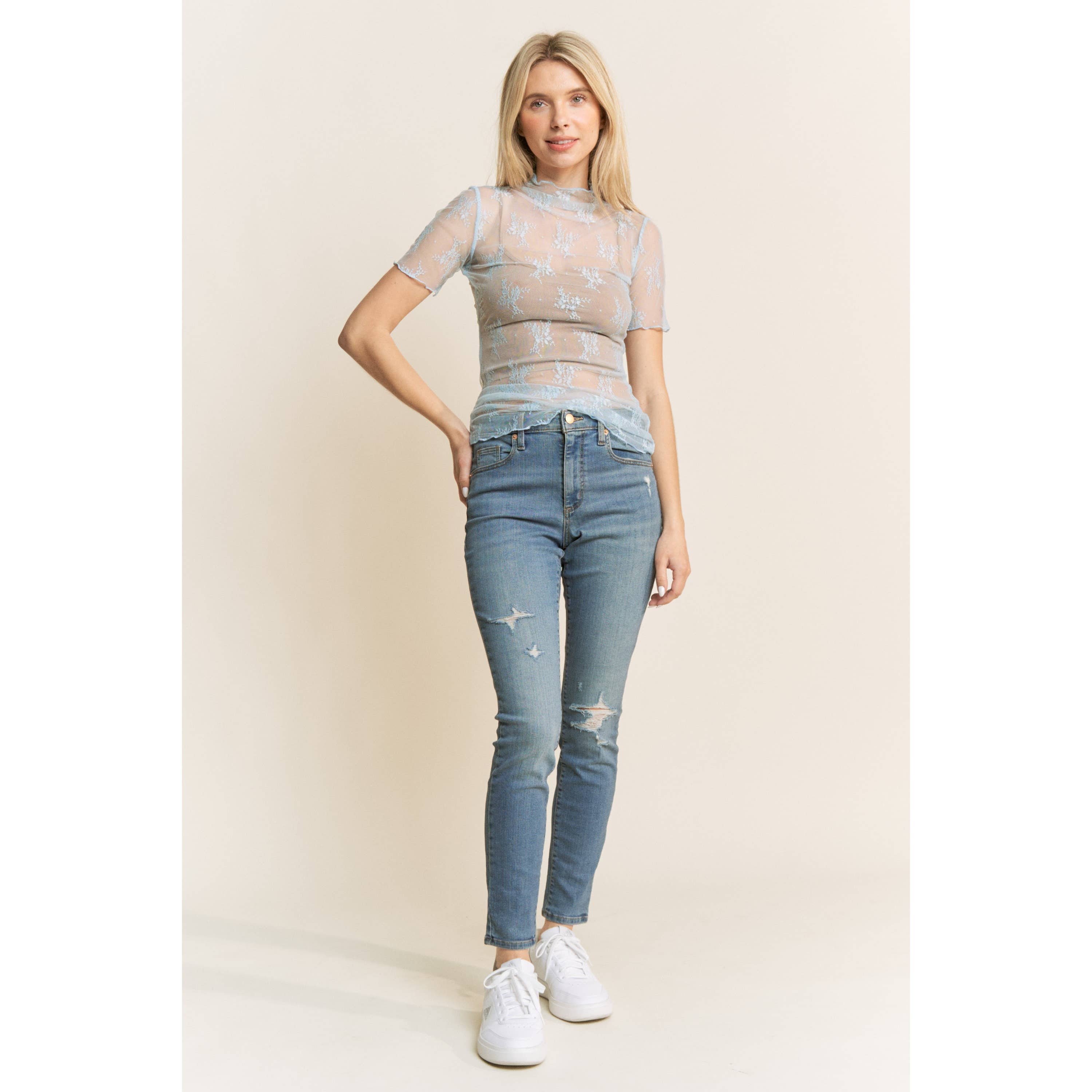 MESH LACE HIGH NECK DESIGN SHORT SLEEVE FITTED TOP: Beige