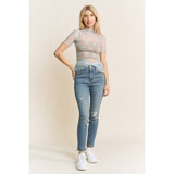 MESH LACE HIGH NECK DESIGN SHORT SLEEVE FITTED TOP: Light Blue
