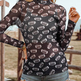 Fashion-W Game Day Rugby Mesh Sheer Long Sleeve Top: Brown / Missy / S