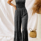 Straps Smocked Bodice Wide Leg Floral Jumpsuit: Black / S