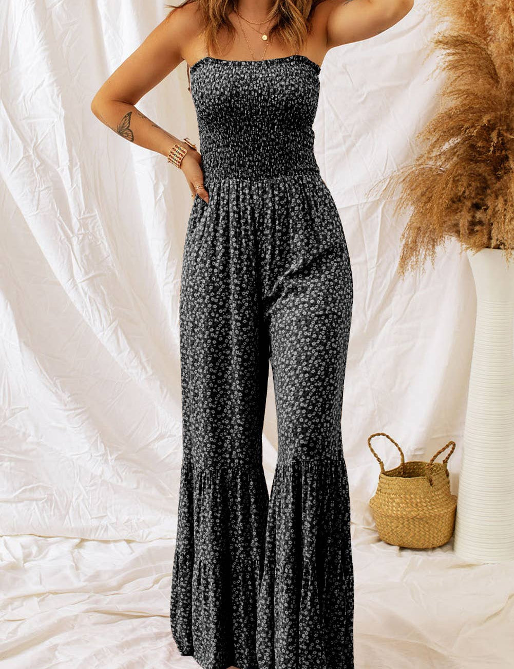 Straps Smocked Bodice Wide Leg Floral Jumpsuit: Black / XL