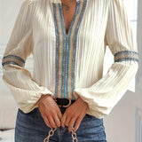 Balloon Sleeve Lace Panel V-Neck Shirt: OffWhite / M