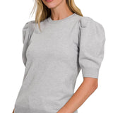 ,,..SI-25003 Viscose Puff Short Sleeve Sweater: H BEIGE-170996 / S