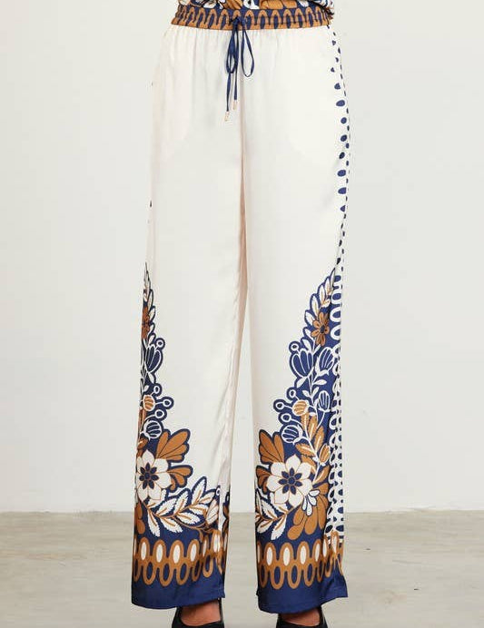 Floral Border Satin Pants: Mustard-Navy / M