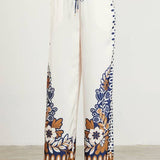 Floral Border Satin Pants: Mustard-Navy / S