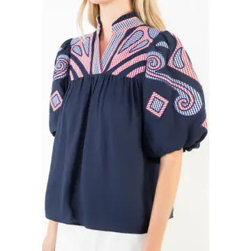 Puff Sleeve Embroidery Detail V-Neck Top
