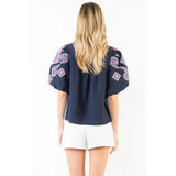 Puff Sleeve Embroidery Detail V-Neck Top